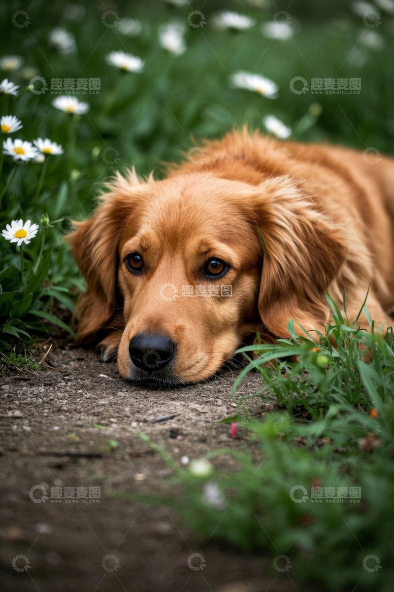 高清大图下载【趣麦麦图】趴在花丛中的金毛犬