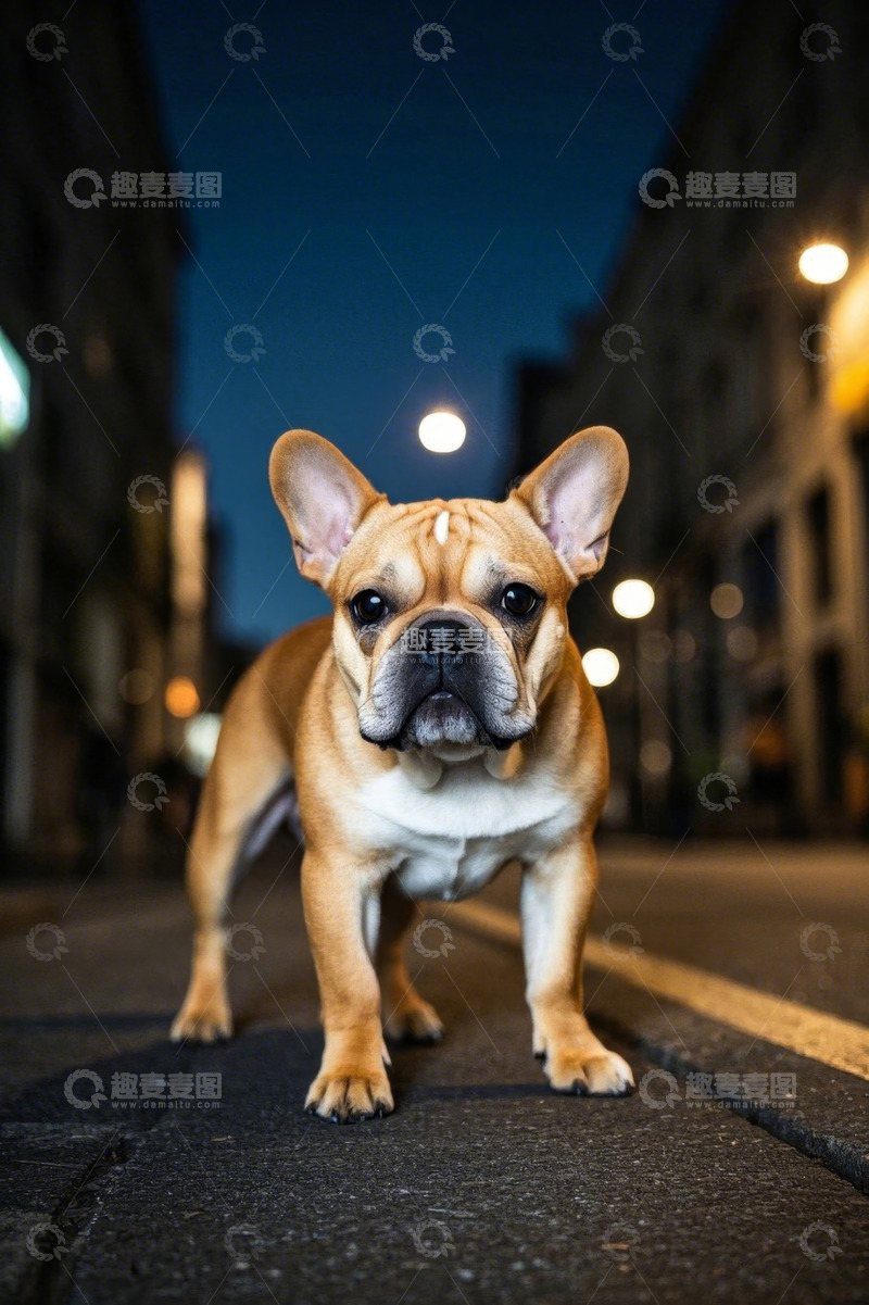 高清大图下载【趣麦麦图】夜晚街道上的法国斗牛犬