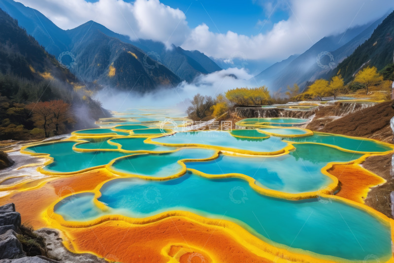 高清大图下载【趣麦麦图】山间五彩斑斓钙化池景观