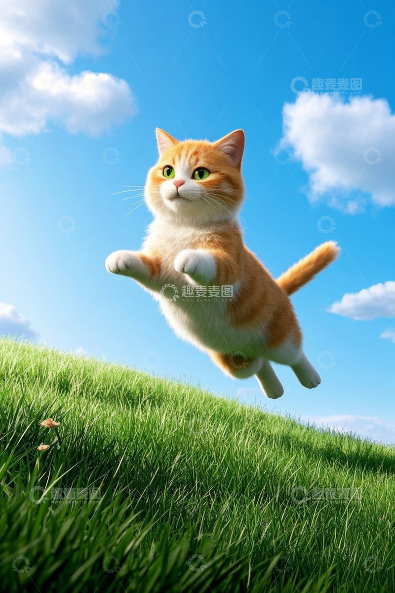 高清大图下载【趣麦麦图】草地上跳跃的橘白相间猫咪