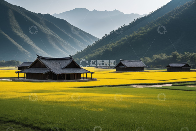 高清大图下载【趣麦麦图】山间田野中式建筑风景
