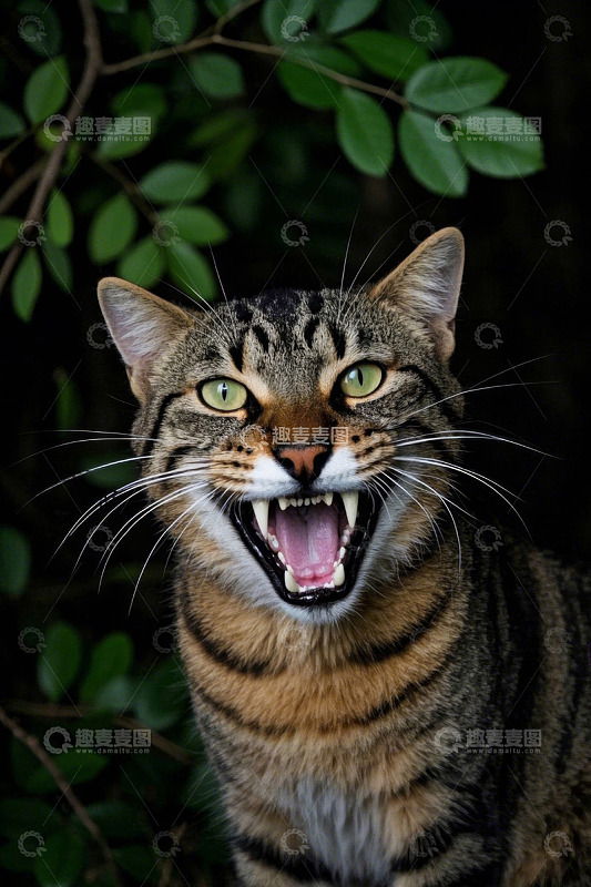 张嘴露齿的花纹猫特写