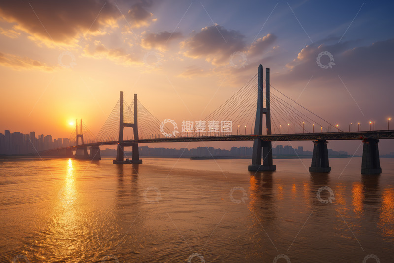 高清大图下载【趣麦麦图】夕阳下跨江大桥全景