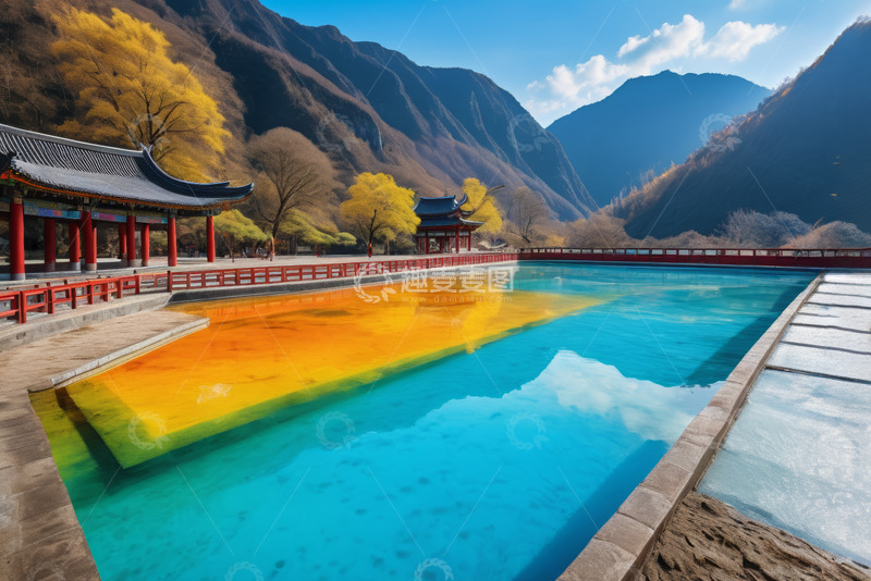 高清大图下载【趣麦麦图】山间彩池与中式建筑风景