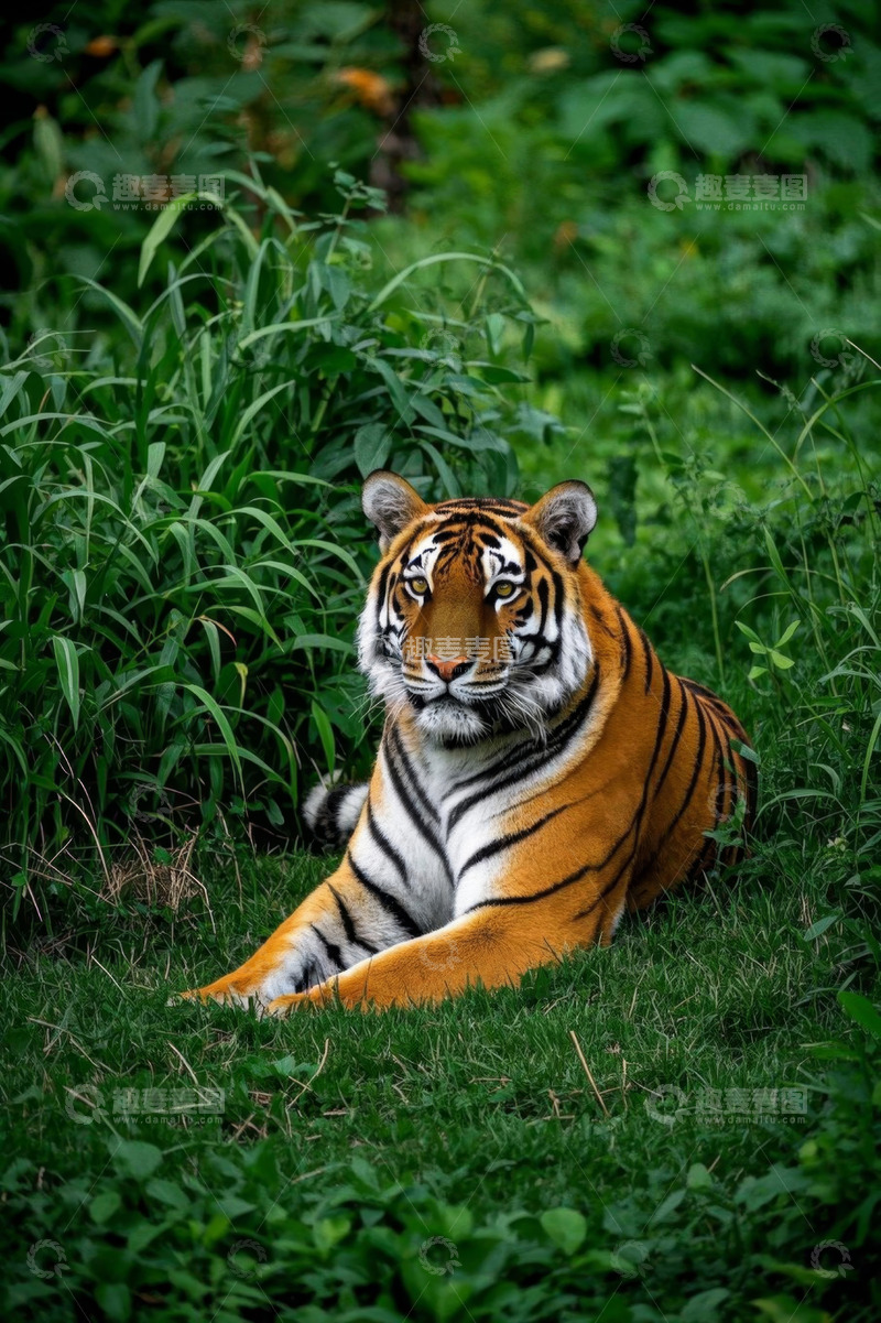 高清大图下载【趣麦麦图】草地上休憩的老虎