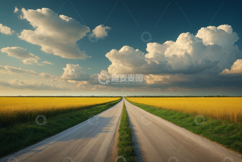 高清大图下载【趣麦麦图】田野间延伸的道路与蓝天白云