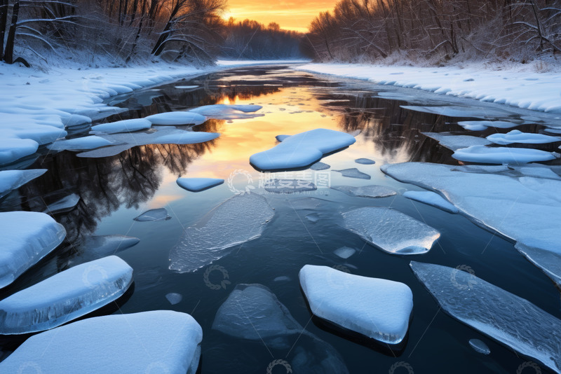 高清大图下载【趣麦麦图】冬日河流浮冰与落日景象