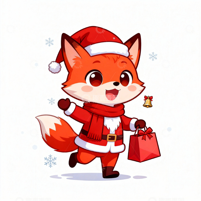 高清大图下载【趣麦麦图】圣诞卡通狐狸送礼物插画