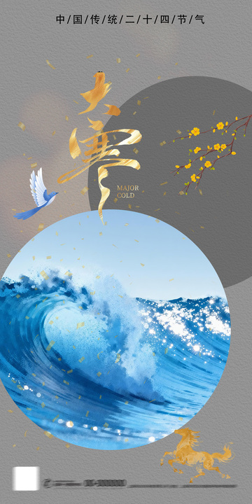 大雪节气海浪飞鸟艺术海报