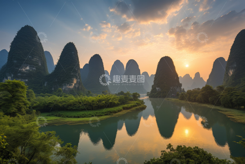 高清大图下载【趣麦麦图】桂林漓江山水日落风光