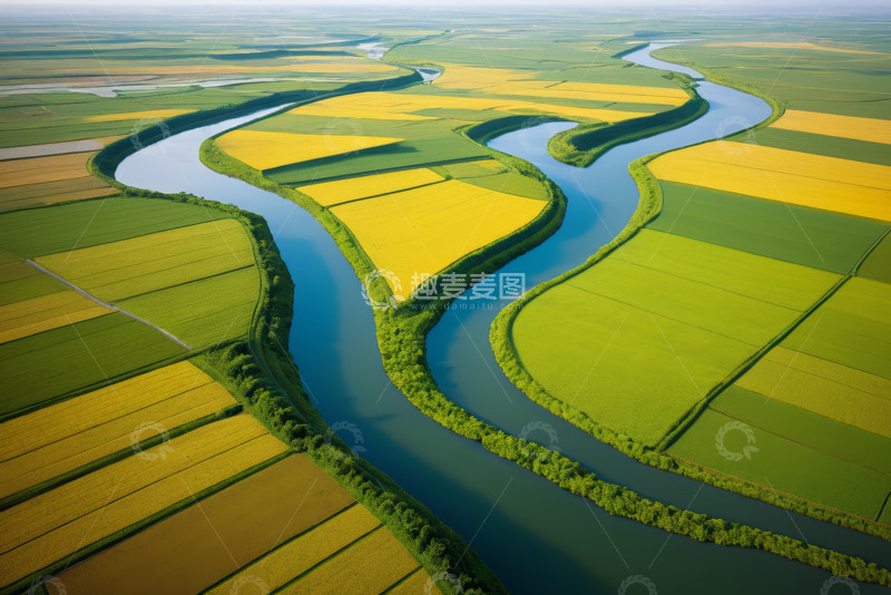 高清大图下载【趣麦麦图】航拍农田河流景观