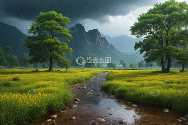 高清大图下载【趣麦麦图】雨中田野山间风景
