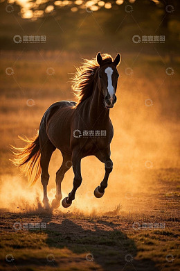 夕阳下奔跑的骏马