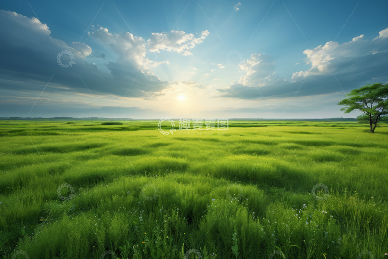 高清大图下载【趣麦麦图】广阔草原上的日落自然风光