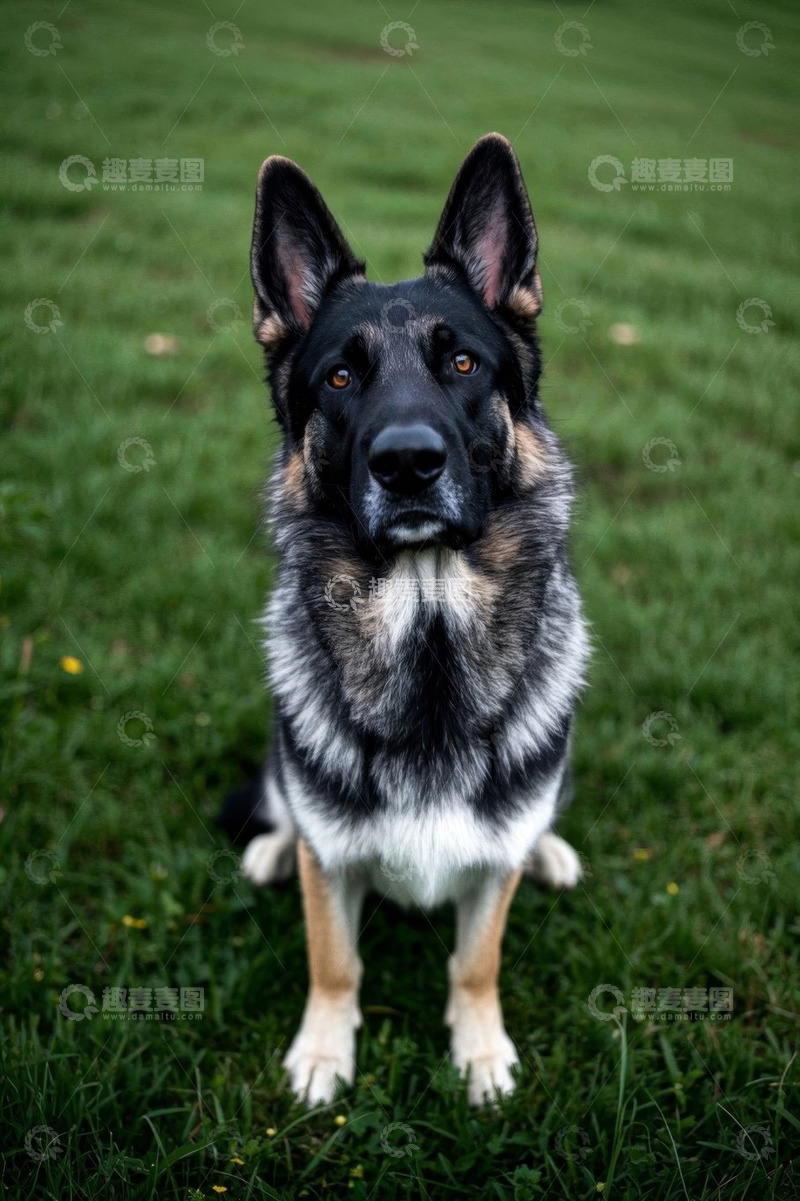 高清大图下载【趣麦麦图】草地上坐着的德国牧羊犬
