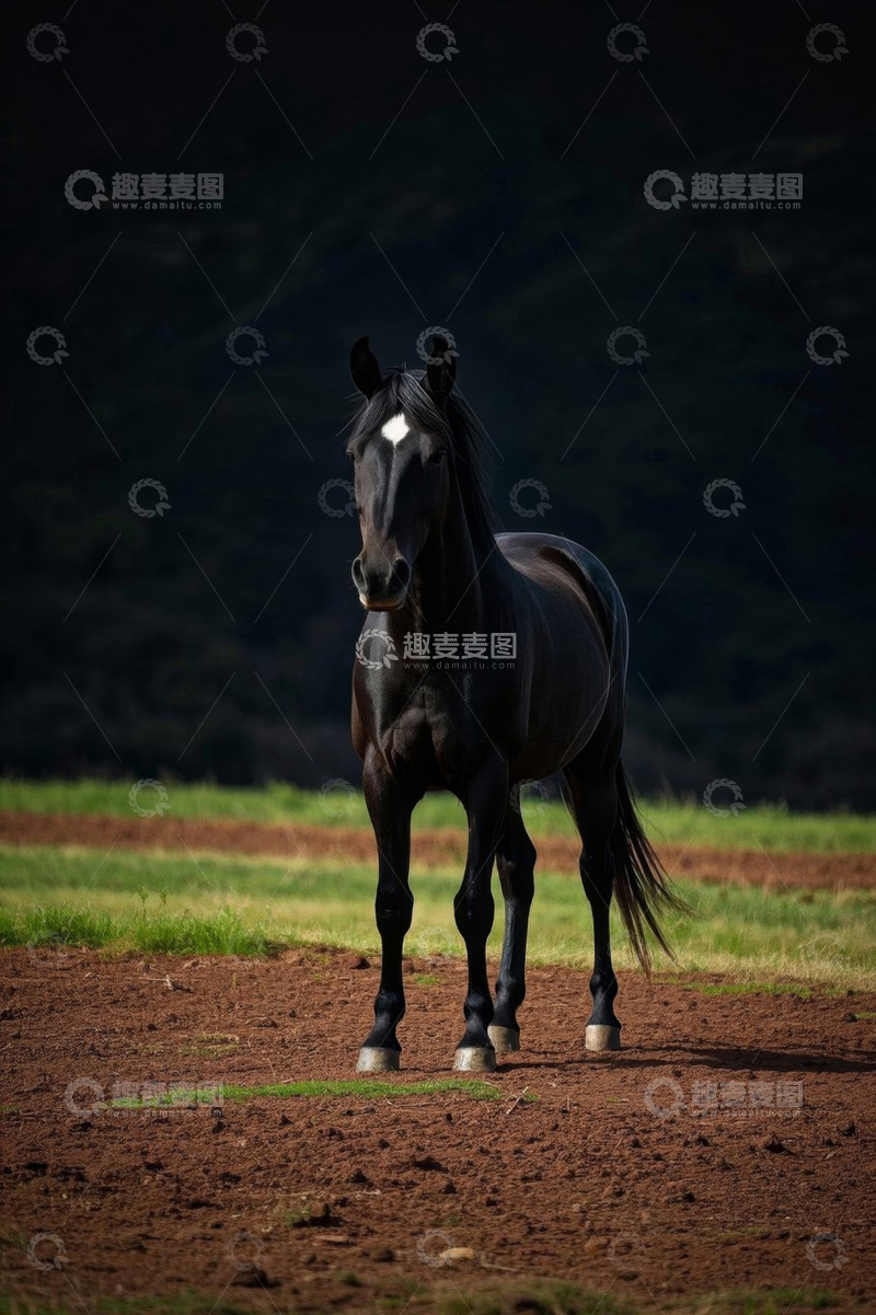 高清大图下载【趣麦麦图】户外草原上站立的黑色骏马