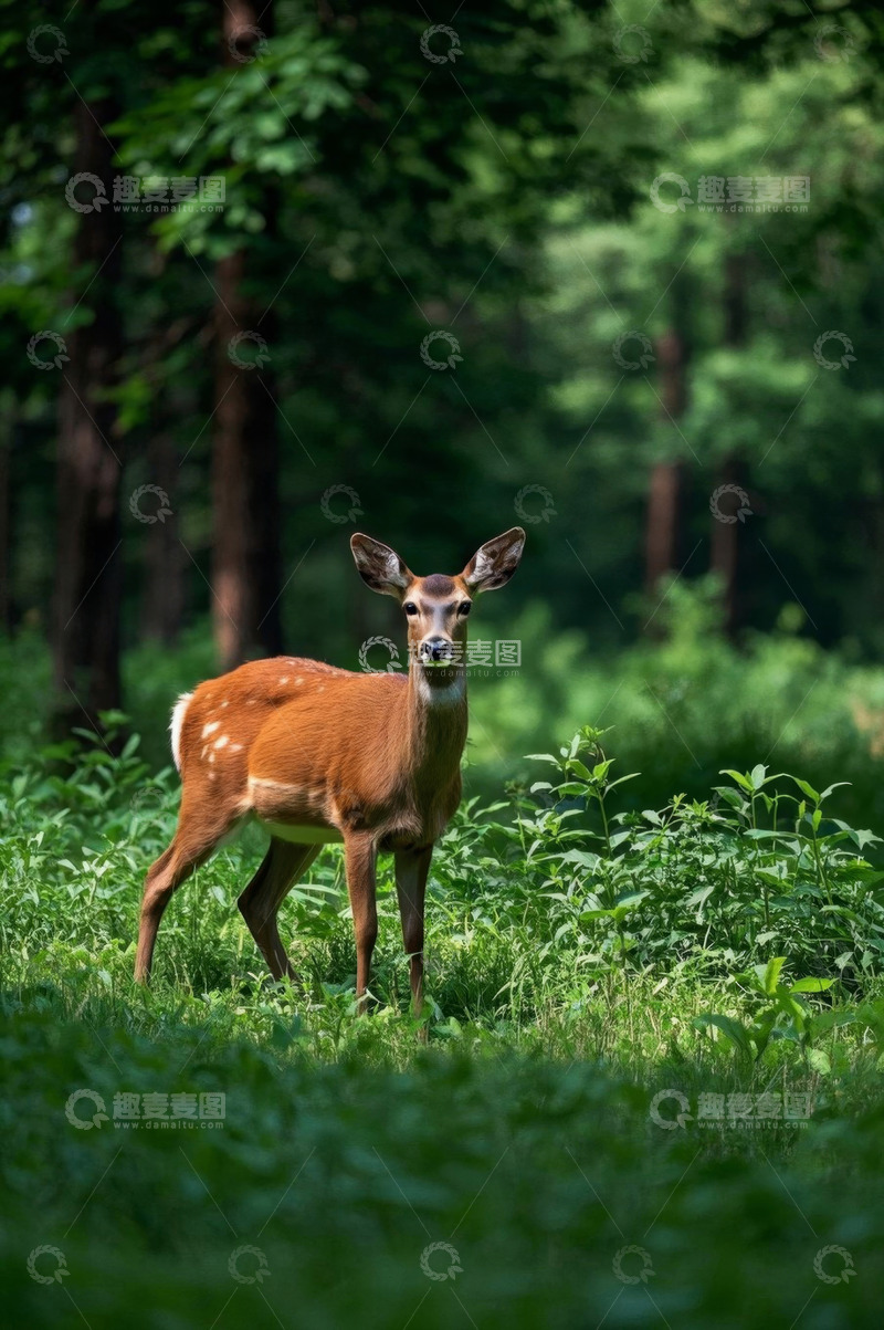 高清大图下载【趣麦麦图】森林中站立的梅花鹿