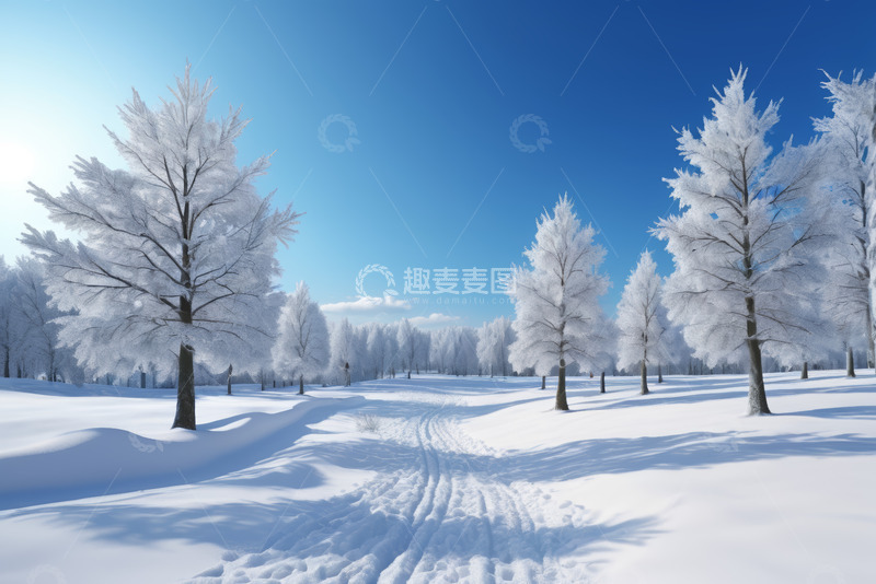 高清大图下载【趣麦麦图】冬日雪景中覆雪树木与雪中小径