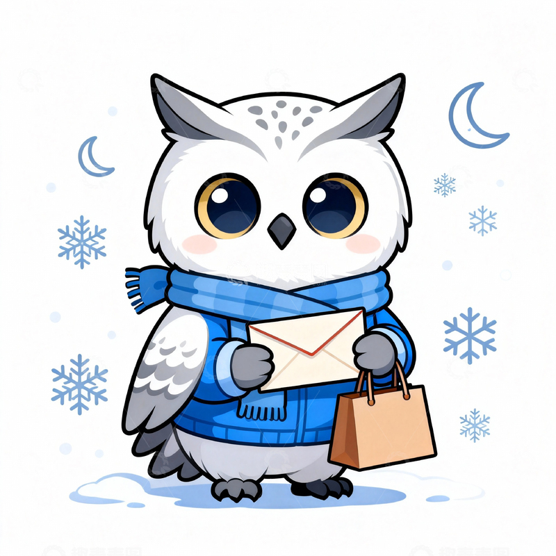 高清大图下载【趣麦麦图】卡通猫头鹰冬日送包裹插画