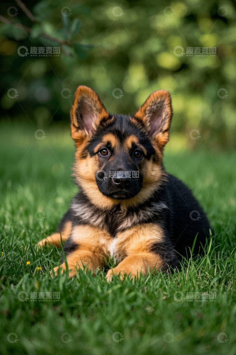 高清大图下载【趣麦麦图】草地上趴着的德国牧羊犬幼犬