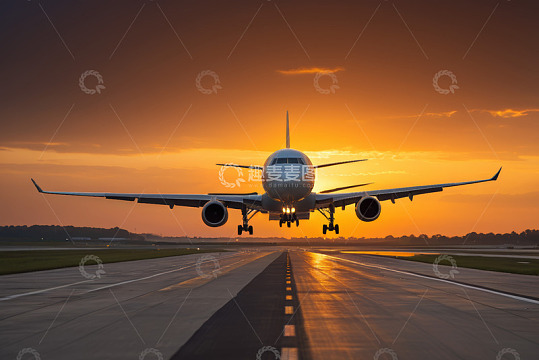 夕阳下跑道上的客机