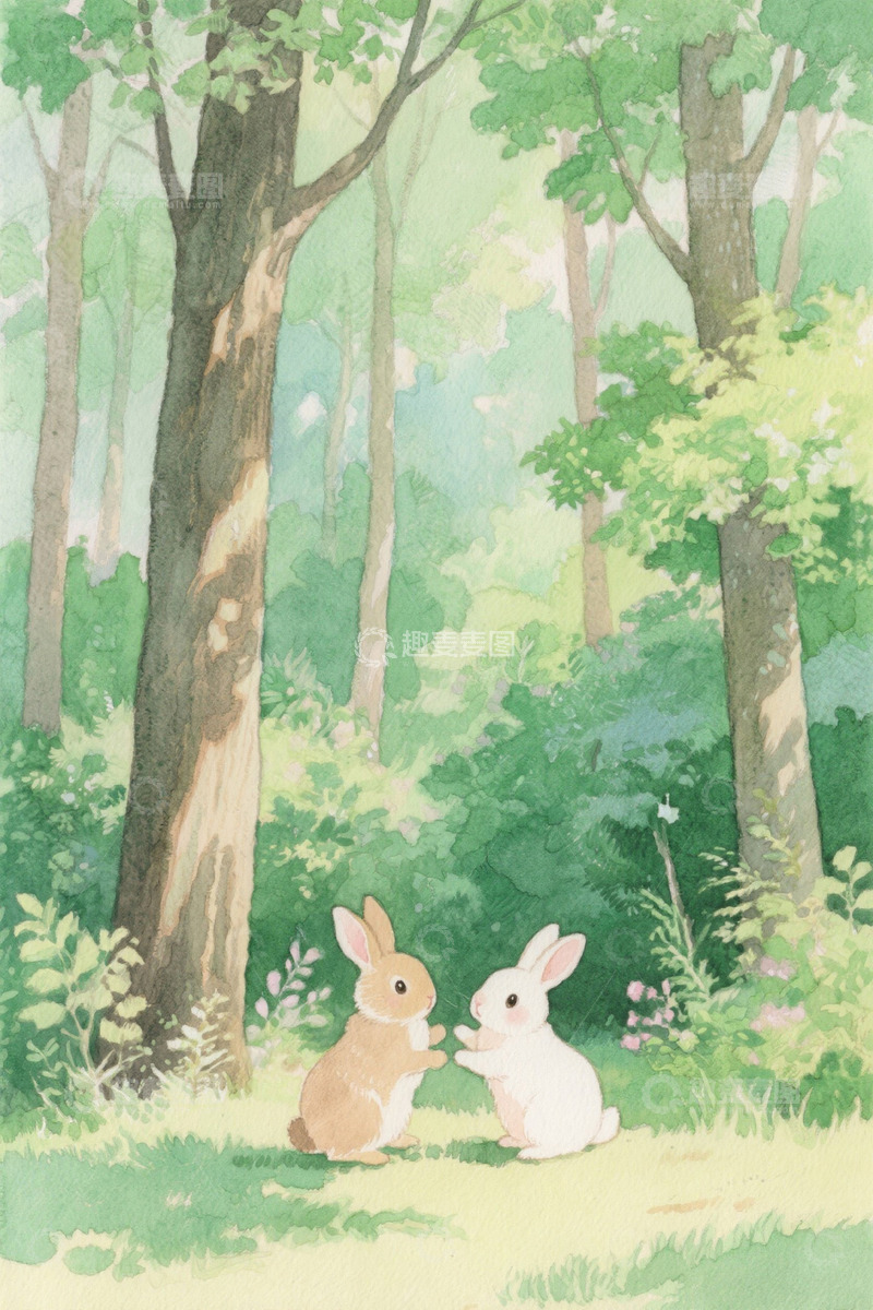 高清大图下载【趣麦麦图】森林中两只兔子互动场景