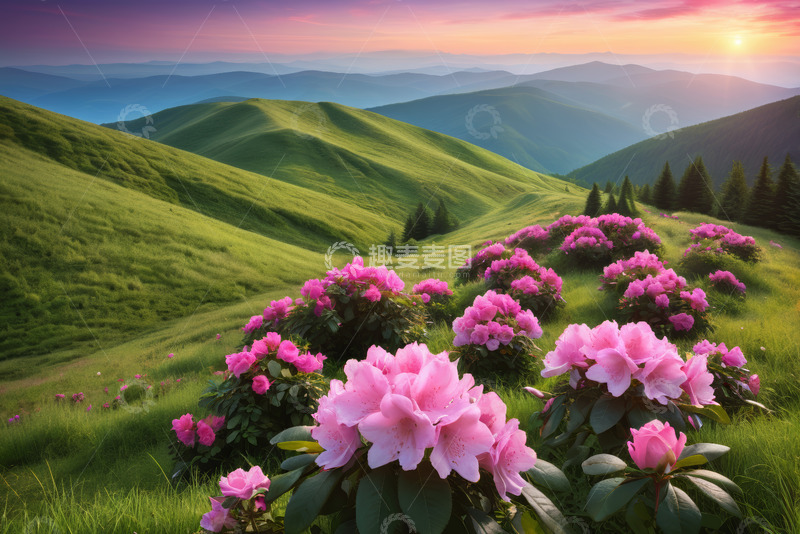 高清大图下载【趣麦麦图】山间盛开的粉色花丛与自然风光