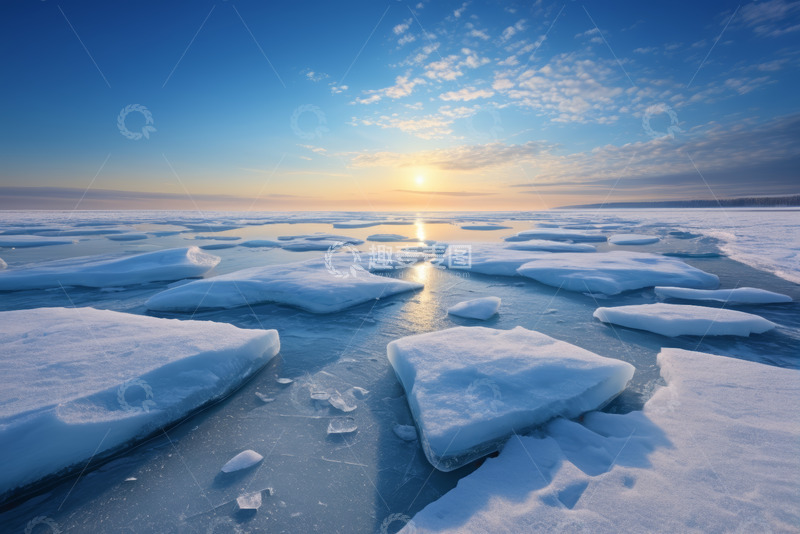 高清大图下载【趣麦麦图】海上浮冰与日出景观