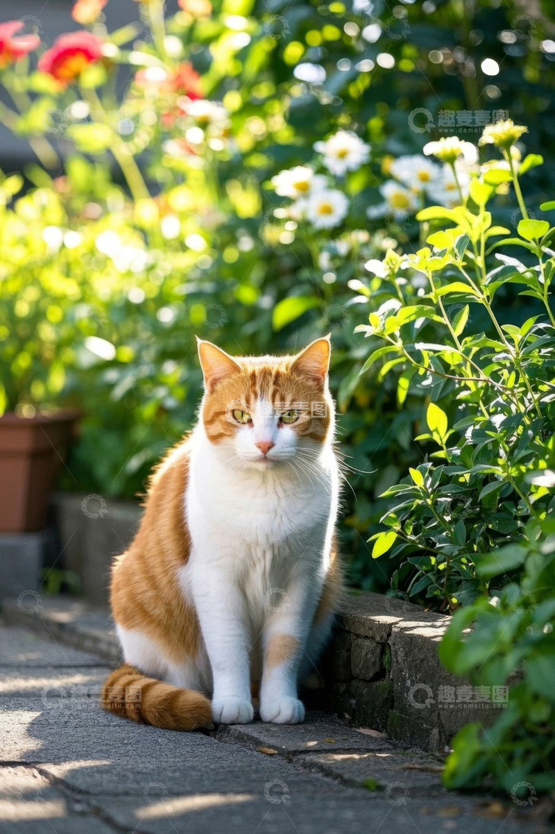高清大图下载【趣麦麦图】户外花丛边的橙白相间猫咪