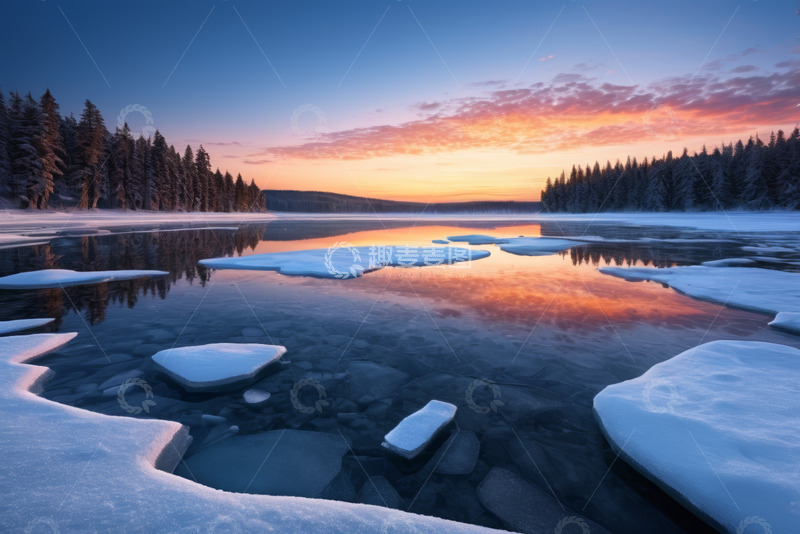 高清大图下载【趣麦麦图】冬日湖面冰景与森林日出