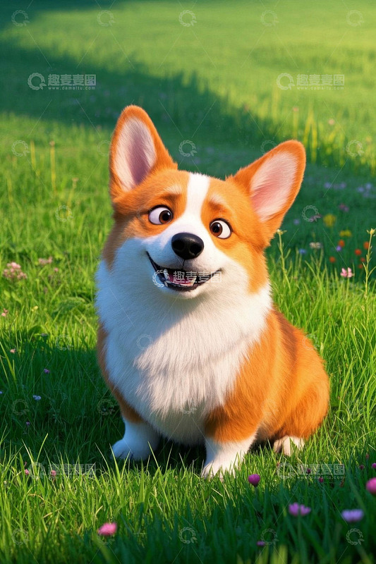 草地上可爱的卡通柯基犬