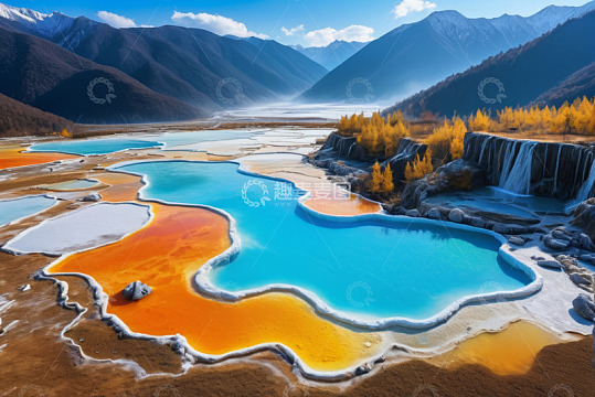 山间五彩斑斓的自然水域景观