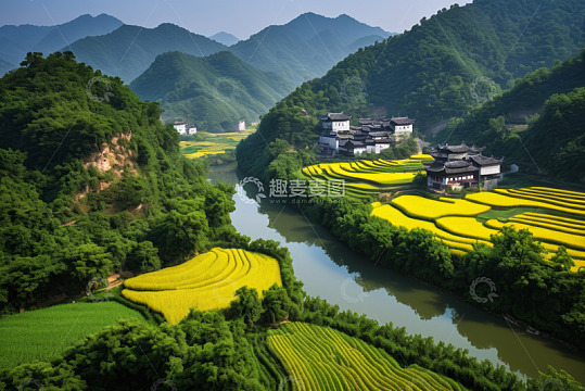 山间河流旁油菜花田与民居