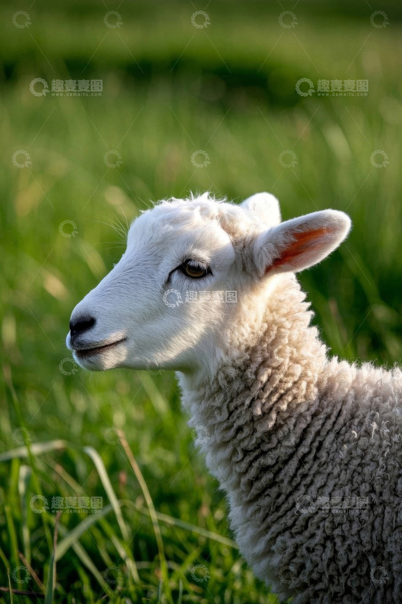 高清大图下载【趣麦麦图】草地上的白色小羊特写