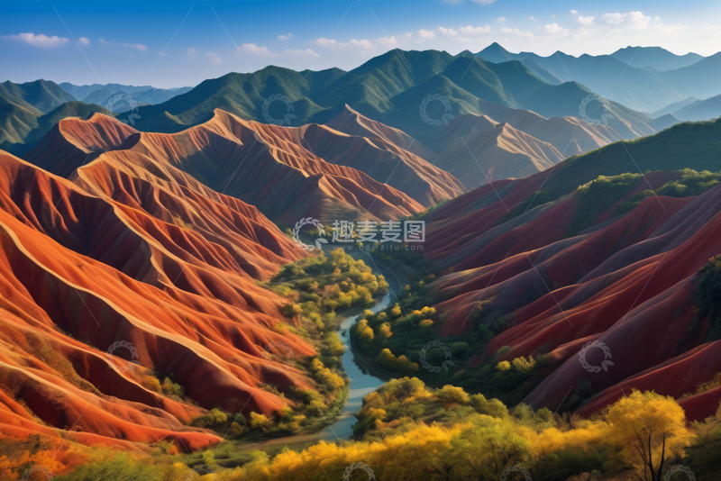 高清大图下载【趣麦麦图】山间多彩地貌与河流景观