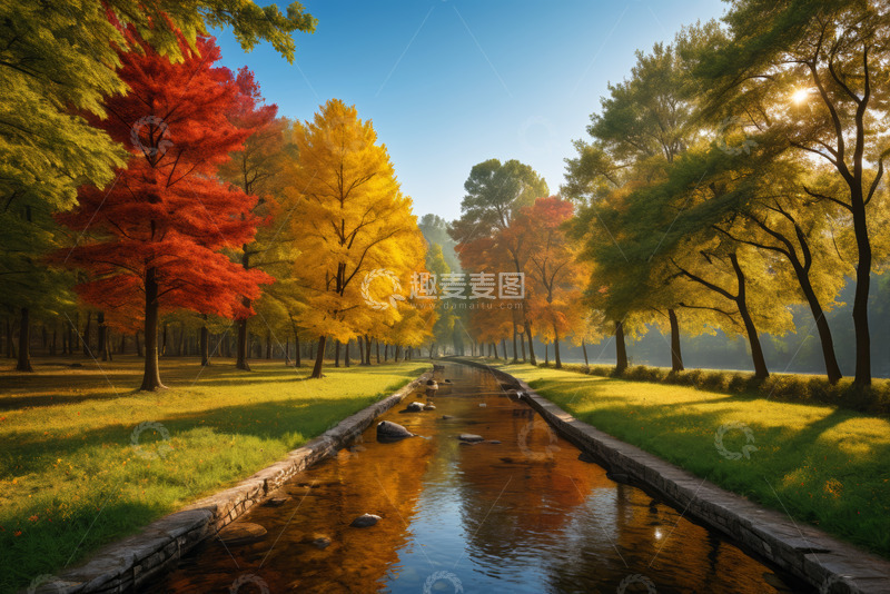 高清大图下载【趣麦麦图】秋日森林中的溪流景观