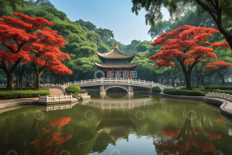 高清大图下载【趣麦麦图】中式园林湖景与亭桥景观