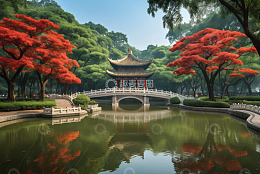 中式园林湖景与亭桥景观