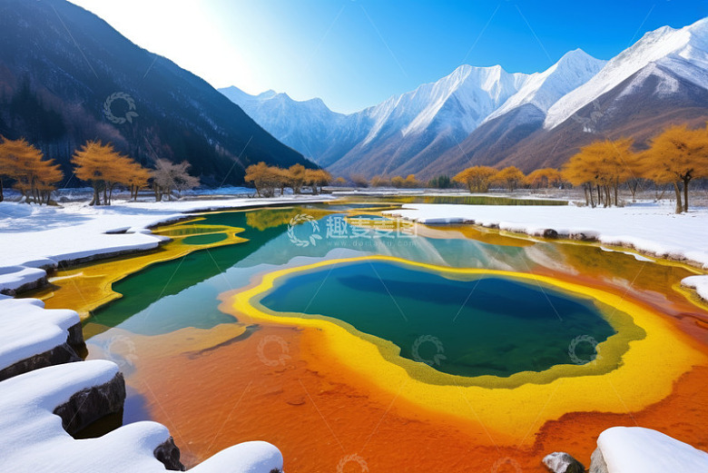 雪山下五彩斑斓的湖泊风光