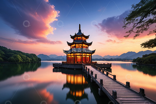 西湖黄昏中式楼阁景观