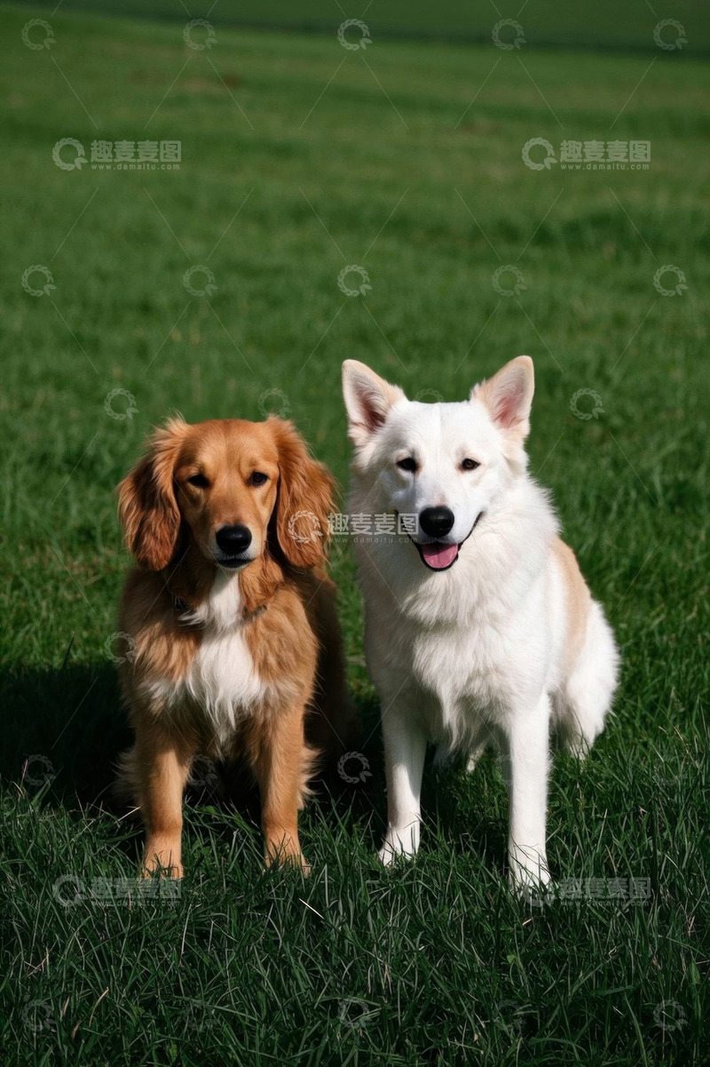 高清大图下载【趣麦麦图】草地上两只宠物狗的合影