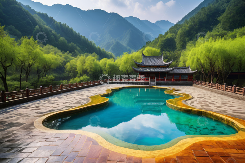 高清大图下载【趣麦麦图】山间中式建筑旁的特色泳池