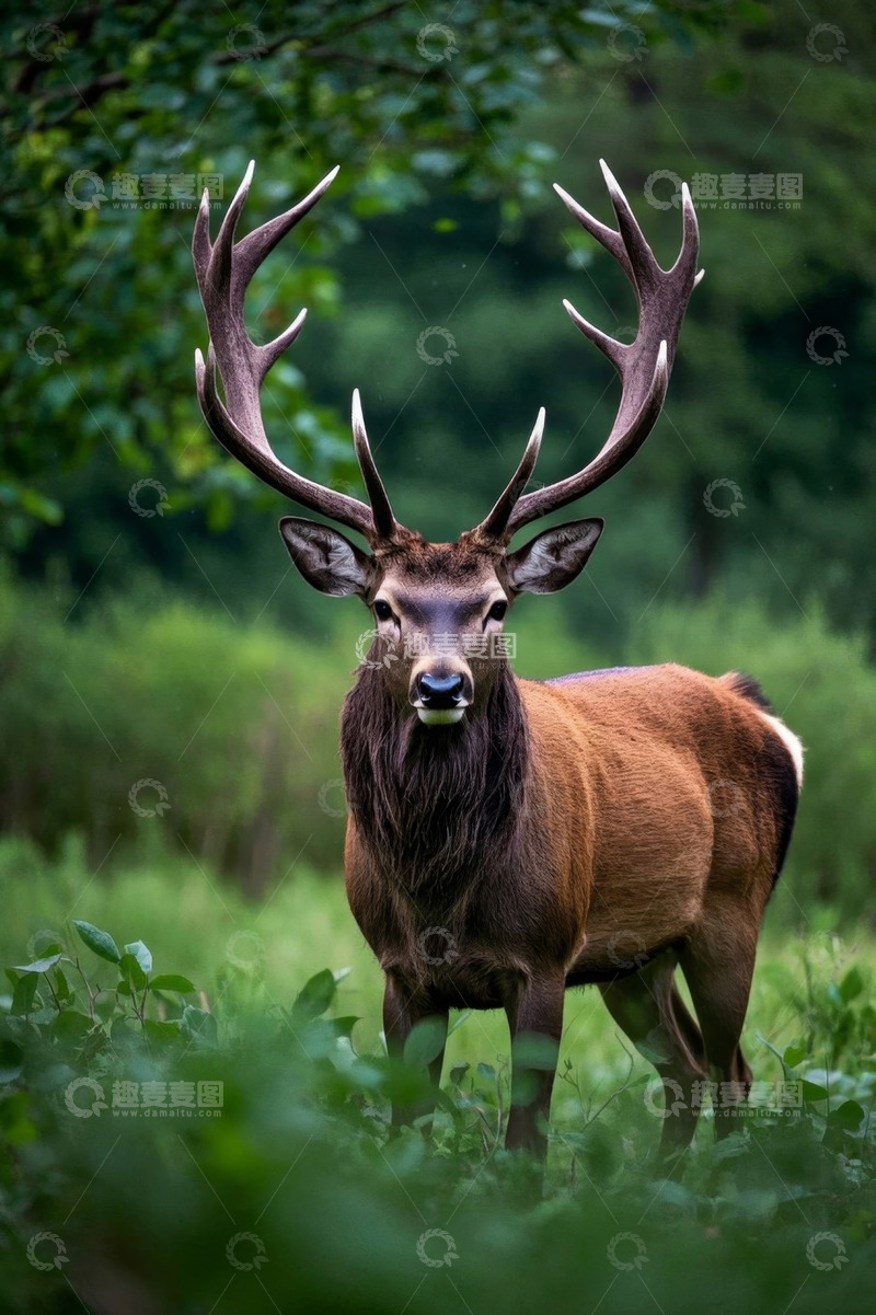 高清大图下载【趣麦麦图】森林中长着大鹿角的鹿