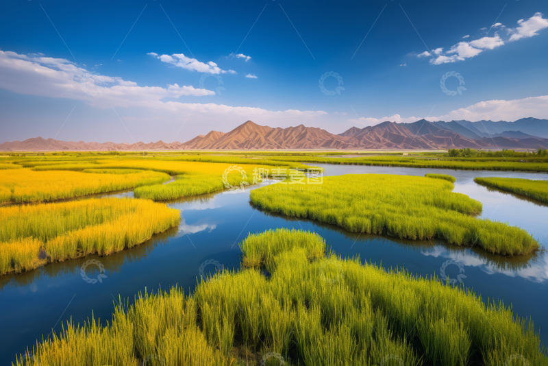 高清大图下载【趣麦麦图】-湿地与山脉自然风光全景