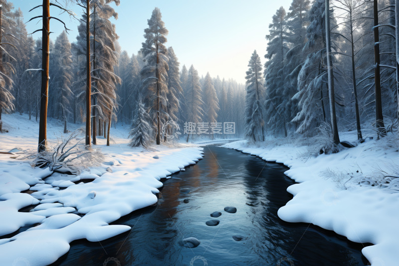 高清大图下载【趣麦麦图】冬日雪覆森林中的河流景象