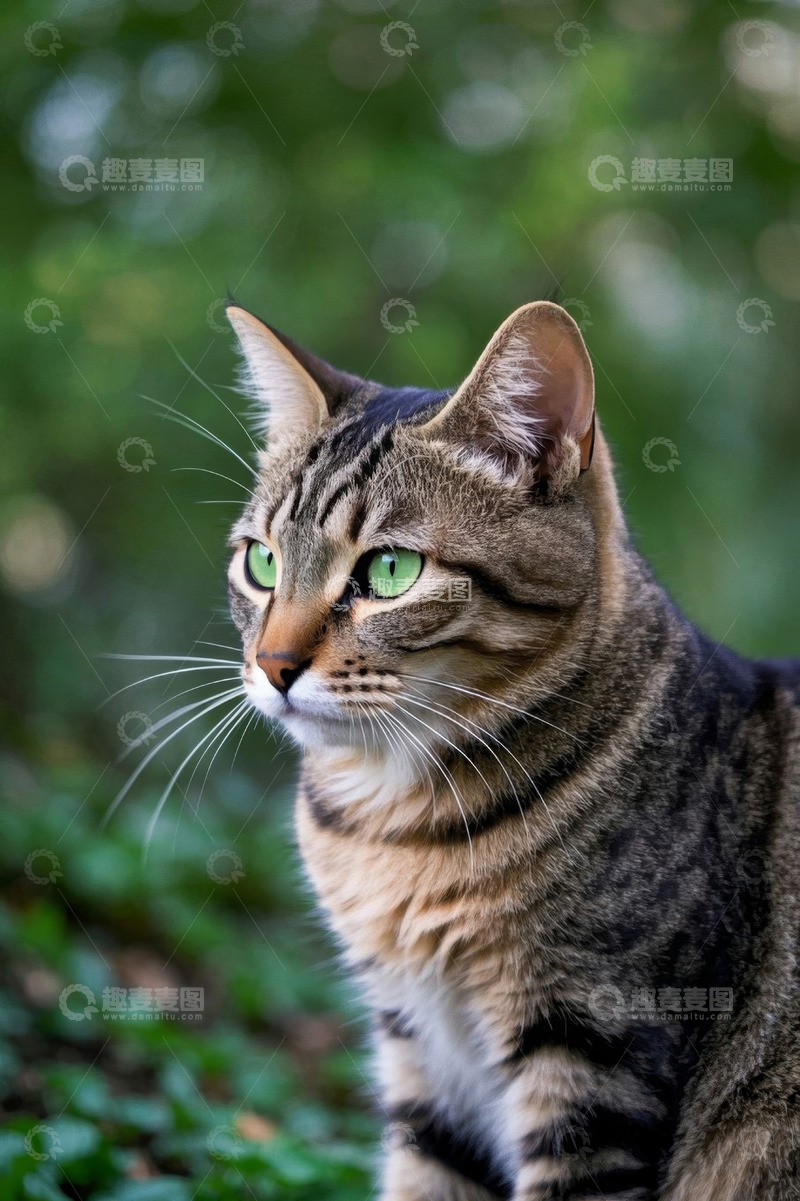 高清大图下载【趣麦麦图】绿眼条纹猫户外特写