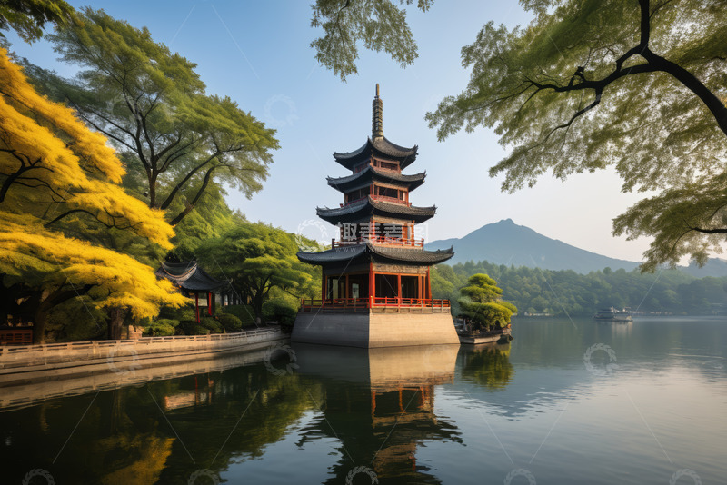 高清大图下载【趣麦麦图】湖畔中式古亭自然风光