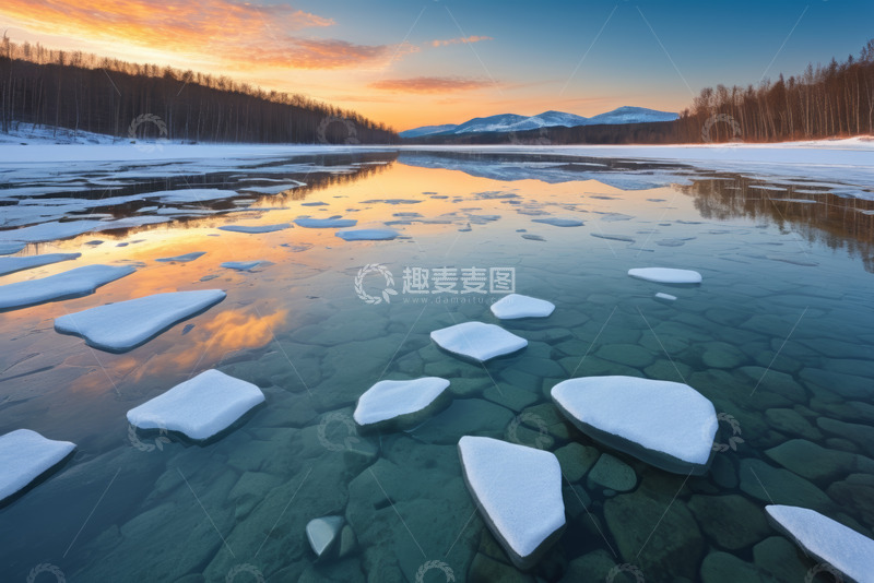 高清大图下载【趣麦麦图】冰雪覆盖湖面日出自然景观