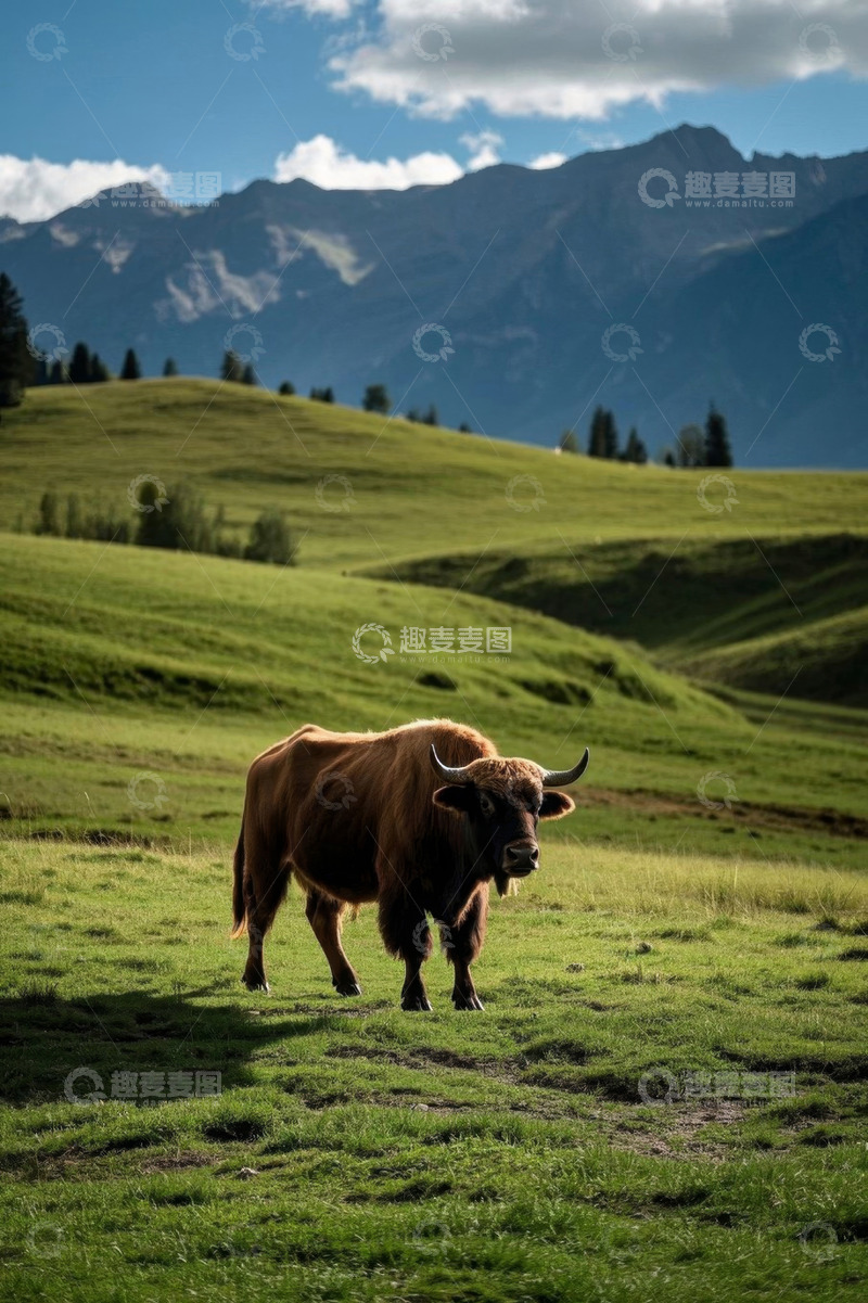 高清大图下载【趣麦麦图】草原上的牛与远山风景