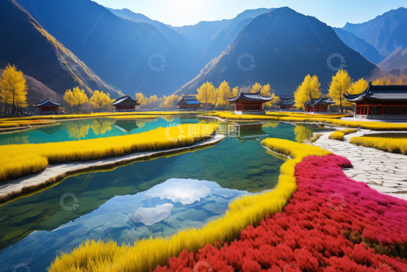 高清大图下载【趣麦麦图】山水间中式建筑自然风光